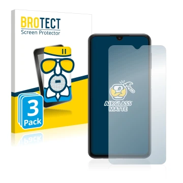 Parte frontal de un envase de producto con el logotipo de la marca BROTECT. Al lado se muestra el dispositivo Samsung Galaxy A