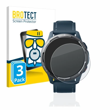Parte frontal de un envase de producto con el logotipo de la marca BROTECT. Al lado se muestra el dispositivo Xiaomi Watch S1 