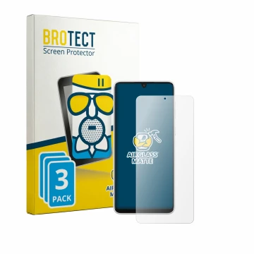 Parte frontal de un envase de producto con el logotipo de la marca BROTECT. Al lado se muestra el dispositivo Samsung Galaxy A
