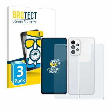 Parte frontal de un envase de producto con el logotipo de la marca BROTECT. Al lado se muestra el dispositivo Samsung Galaxy A
