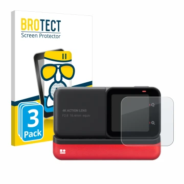 Parte frontal de un envase de producto con el logotipo de la marca BROTECT. Al lado se muestra el dispositivo Insta360 One RS 