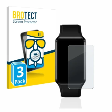 Parte frontal de un envase de producto con el logotipo de la marca BROTECT. Al lado se muestra el dispositivo Oppo Watch Free 