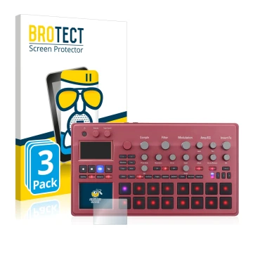 Parte frontal de un envase de producto con el logotipo de la marca BROTECT. Al lado se muestra el dispositivo KORG electribe S
