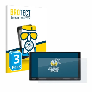 Parte frontal de un envase de producto con el logotipo de la marca BROTECT. Al lado se muestra el dispositivo Sony XAV-AX5650 
