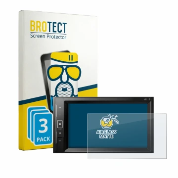 Parte frontal de un envase de producto con el logotipo de la marca BROTECT. Al lado se muestra el dispositivo Pioneer AVH-A240
