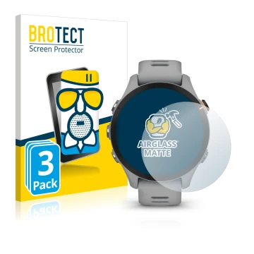 Parte frontal de un envase de producto con el logotipo de la marca BROTECT. Al lado se muestra el dispositivo Garmin Forerunne