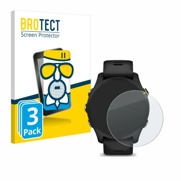 Parte frontal de un envase de producto con el logotipo de la marca BROTECT. Al lado se muestra el dispositivo Garmin Forerunne