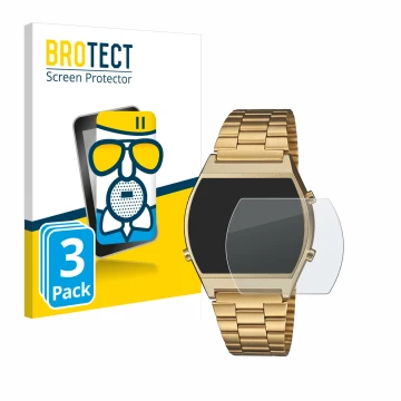 Parte frontal de un envase de producto con el logotipo de la marca BROTECT. Al lado se muestra el dispositivo Casio Retro B640