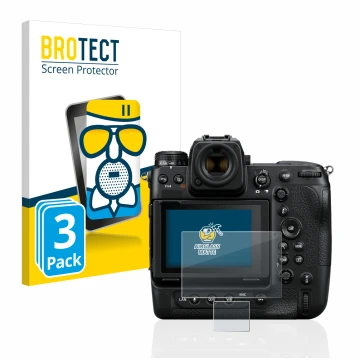 Parte frontal de un envase de producto con el logotipo de la marca BROTECT. Al lado se muestra el dispositivo Nikon Z 9 (Panta