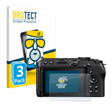 Parte frontal de un envase de producto con el logotipo de la marca BROTECT. Al lado se muestra el dispositivo Nikon Z 30 con s