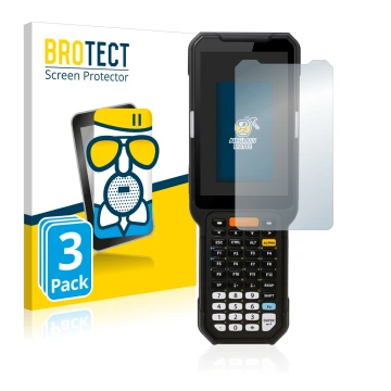 Parte frontal de un envase de producto con el logotipo de la marca BROTECT. Al lado se muestra el dispositivo Point Mobile PM4