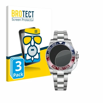 Parte frontal de un envase de producto con el logotipo de la marca BROTECT. Al lado se muestra el dispositivo Rolex GMT-Master