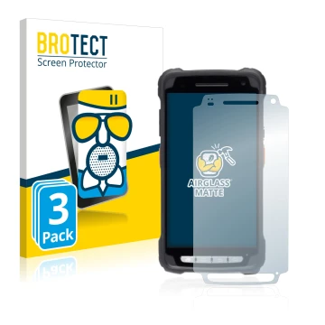 Parte frontal de un envase de producto con el logotipo de la marca BROTECT. Al lado se muestra el dispositivo Janam XT3 con su