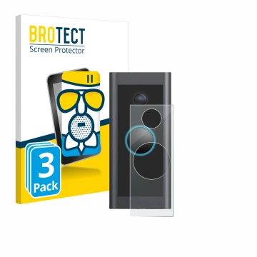 Parte frontal de un envase de producto con el logotipo de la marca BROTECT. Al lado se muestra el dispositivo Ring Video Doorb
