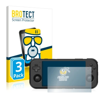 Parte frontal de un envase de producto con el logotipo de la marca BROTECT. Al lado se muestra el dispositivo Retroid Pocket 3
