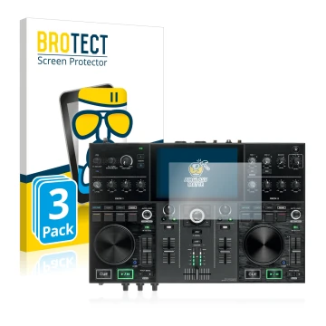 Parte frontal de un envase de producto con el logotipo de la marca BROTECT. Al lado se muestra el dispositivo Denon DJ Prime G