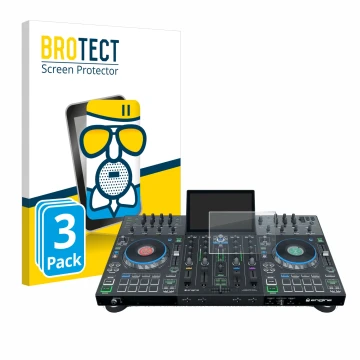 Parte frontal de un envase de producto con el logotipo de la marca BROTECT. Al lado se muestra el dispositivo Denon DJ Prime 4