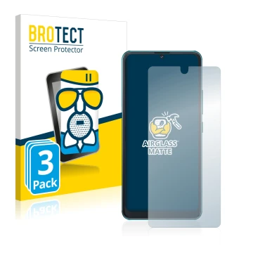 Parte frontal de un envase de producto con el logotipo de la marca BROTECT. Al lado se muestra el dispositivo Cubot Note 8 con