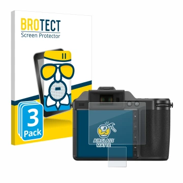 Parte frontal de un envase de producto con el logotipo de la marca BROTECT. Al lado se muestra el dispositivo Fujifilm X-H2 co