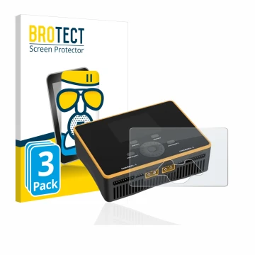 Parte frontal de un envase de producto con el logotipo de la marca BROTECT. Al lado se muestra el dispositivo Junsi iCharger D