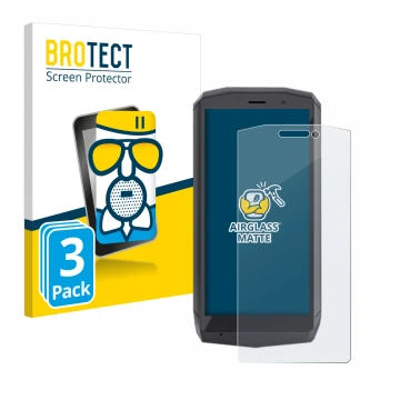 Parte frontal de un envase de producto con el logotipo de la marca BROTECT. Al lado se muestra el dispositivo Cubot Pocket con