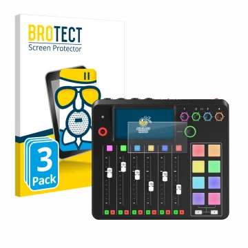 Parte frontal de un envase de producto con el logotipo de la marca BROTECT. Al lado se muestra el dispositivo Rode Rodecaster 