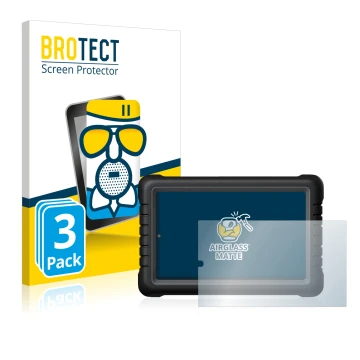 Parte frontal de un envase de producto con el logotipo de la marca BROTECT. Al lado se muestra el dispositivo Launch X-431 PRO