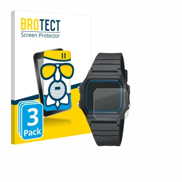Parte frontal de un envase de producto con el logotipo de la marca BROTECT. Al lado se muestra el dispositivo Casio F-105W-1AW