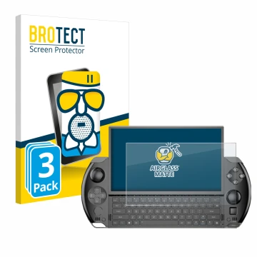 Parte frontal de un envase de producto con el logotipo de la marca BROTECT. Al lado se muestra el dispositivo GPD Win 4 con su