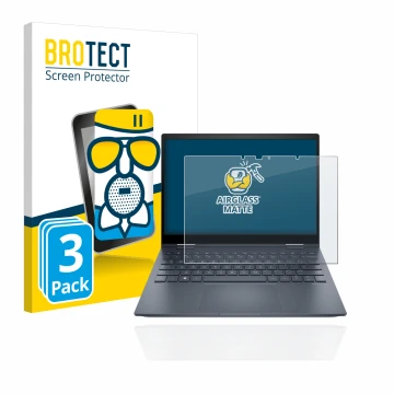 Parte frontal de un envase de producto con el logotipo de la marca BROTECT. Al lado se muestra el dispositivo HP Envy x360 13-