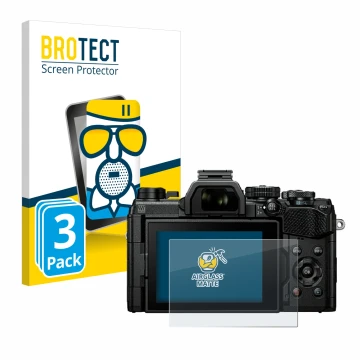 Parte frontal de un envase de producto con el logotipo de la marca BROTECT. Al lado se muestra el dispositivo Olympus OM Syste