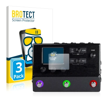 Parte frontal de un envase de producto con el logotipo de la marca BROTECT. Al lado se muestra el dispositivo Line 6 hx stomp 