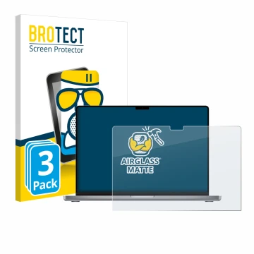 Parte frontal de un envase de producto con el logotipo de la marca BROTECT. Al lado se muestra el dispositivo Apple MacBook Pr