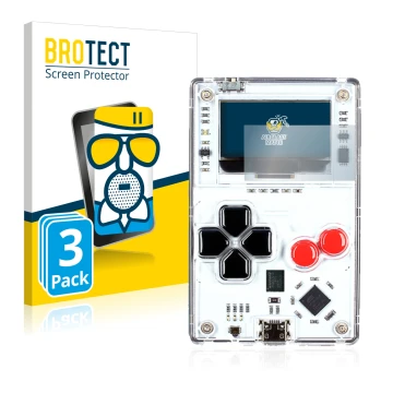 Parte frontal de un envase de producto con el logotipo de la marca BROTECT. Al lado se muestra el dispositivo Arduboy FX con s