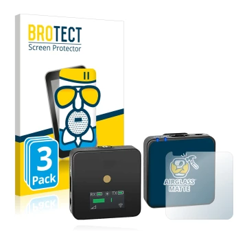 Parte frontal de un envase de producto con el logotipo de la marca BROTECT. Al lado se muestra el dispositivo Rode Wireless GO