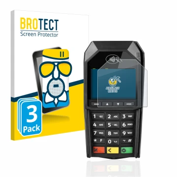 Parte frontal de un envase de producto con el logotipo de la marca BROTECT. Al lado se muestra el dispositivo ingenico Desk/16