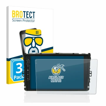 Parte frontal de un envase de producto con el logotipo de la marca BROTECT. Al lado se muestra el dispositivo Dynavin D8-DF63 