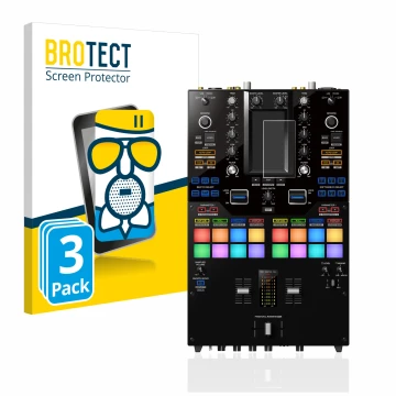 Parte frontal de un envase de producto con el logotipo de la marca BROTECT. Al lado se muestra el dispositivo Pioneer DJM-S11 