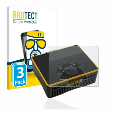 Parte frontal de un envase de producto con el logotipo de la marca BROTECT. Al lado se muestra el dispositivo Junsi iCharger D