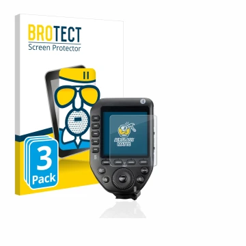 Parte frontal de un envase de producto con el logotipo de la marca BROTECT. Al lado se muestra el dispositivo Godox XPro II co