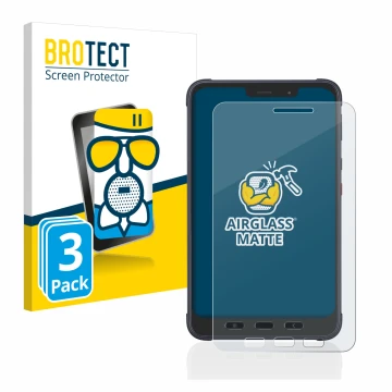 Parte frontal de un envase de producto con el logotipo de la marca BROTECT. Al lado se muestra el dispositivo Samsung Galaxy T