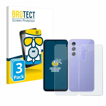 Parte frontal de un envase de producto con el logotipo de la marca BROTECT. Al lado se muestra el dispositivo Samsung Galaxy A