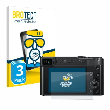 Parte frontal de un envase de producto con el logotipo de la marca BROTECT. Al lado se muestra el dispositivo Panasonic Lumix 