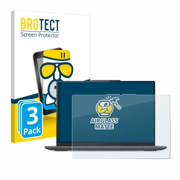 Parte frontal de un envase de producto con el logotipo de la marca BROTECT. Al lado se muestra el dispositivo Lenovo Yoga Pro 