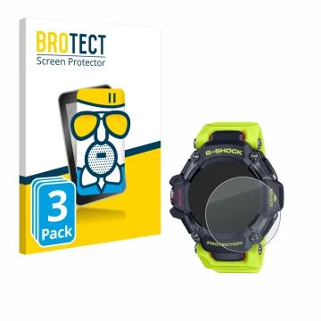 Parte frontal de un envase de producto con el logotipo de la marca BROTECT. Al lado se muestra el dispositivo Casio G-Shock GB