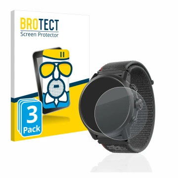 Parte frontal de un envase de producto con el logotipo de la marca BROTECT. Al lado se muestra el dispositivo Coros Apex 2 con