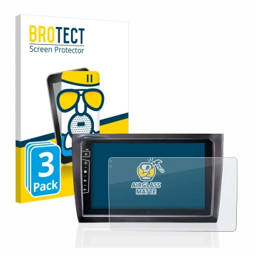 Parte frontal de un envase de producto con el logotipo de la marca BROTECT. Al lado se muestra el dispositivo Dynavin D8-DF56 