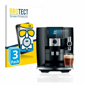 Parte frontal de un envase de producto con el logotipo de la marca BROTECT. Al lado se muestra el dispositivo Jura J8 con su p