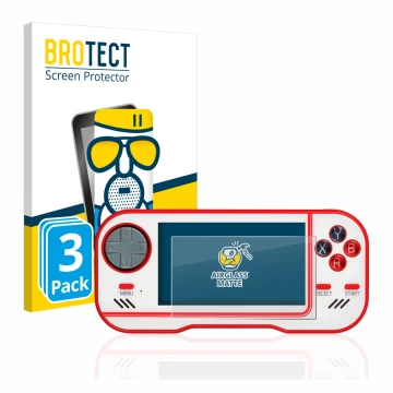 Parte frontal de un envase de producto con el logotipo de la marca BROTECT. Al lado se muestra el dispositivo Blaze Evercade c