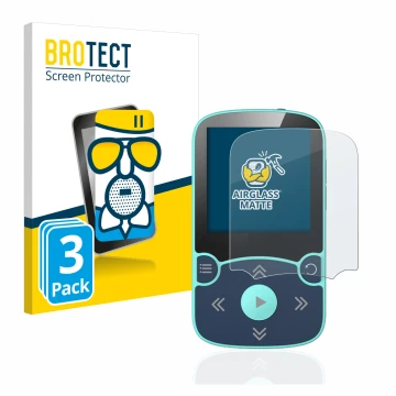 Parte frontal de un envase de producto con el logotipo de la marca BROTECT. Al lado se muestra el dispositivo AGPtek A65X MP3 